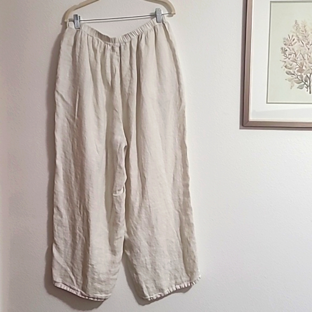 Flax 100% Linen Pants wide leg Crop Lagenlook Size 10 Eladtic Waistband Cream - Picture 6 of 7
